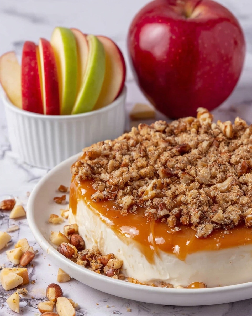 A dessert is shown on a round white plate with a thick base layer of white creamy texture spread evenly to the edges, topped with a smooth, shiny golden caramel layer. On top of the caramel, there is a generous sprinkle of mixed nuts, including chopped walnuts and pecans, giving a rough texture and a mix of light to dark brown colors. Around the main dessert plate, there are small white bowls each containing different types of chopped nuts and crushed pieces, arranged on a white marbled surface with a shiny red apple in the corner. photo taken with an iphone --ar 4:5 --v 7