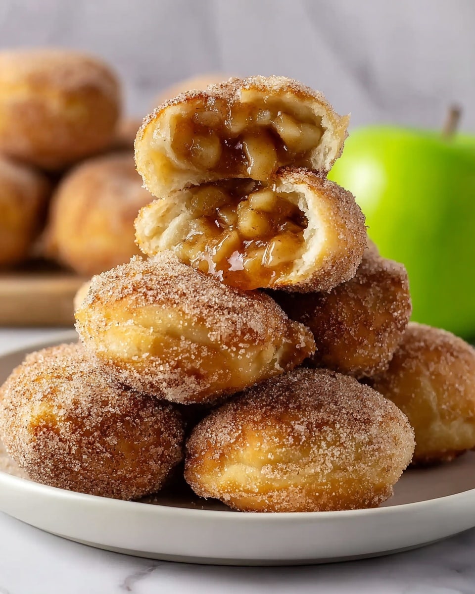 A white plate holds a messy stack of six golden brown, sugar-coated pillows with a rough texture on the outside. The pillow on the top is torn open, revealing a soft, fluffy inside that surrounds a warm filling of small, shiny light brown apple chunks with syrup in the center. In the background, there is a blurred white plate with more similar pillows and a bright green apple on a white marbled surface. The lighting shows the texture clearly and makes the filling look juicy and fresh. Photo taken with an iphone --ar 4:5 --v 7