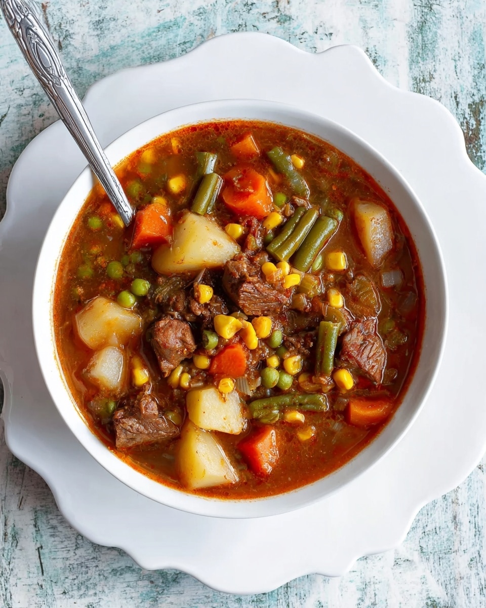 The image shows a white bowl filled with a thick beef vegetable soup, placed on a white plate with scalloped edges. The soup contains several layers of ingredients visible on top, starting with chunks of brown shredded beef, bright orange carrot slices, light yellow corn kernels, green peas, and green beans, all mixed in a rich red tomato-based broth. The ingredients are chunky and evenly spread across the bowl, showing a hearty texture. On the right side of the plate, there is a silver spoon partially visible. The bowl and plate rest on a white marbled surface, adding an elegant touch. Photo taken with an iphone --ar 4:5 --v 7