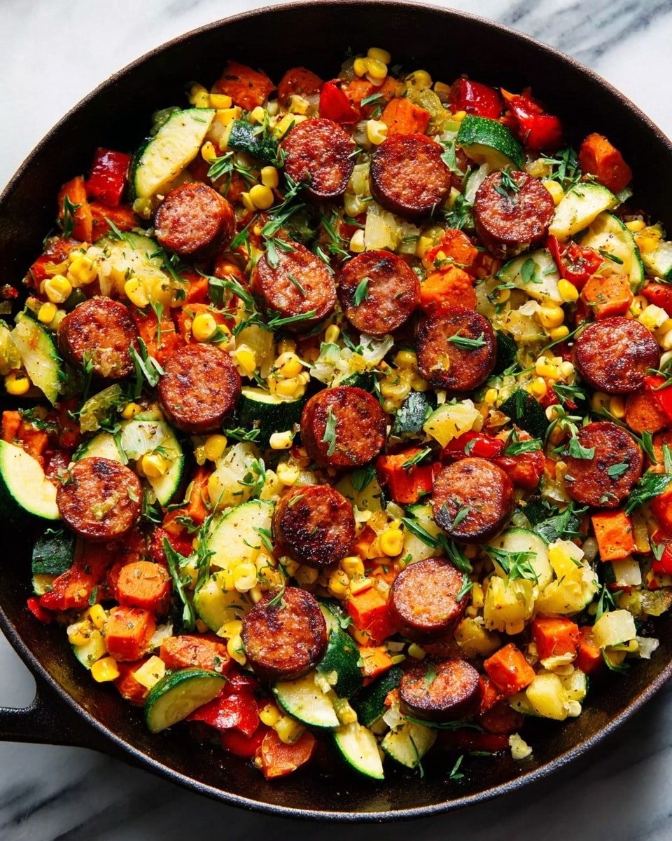 A black cast iron pan filled with a colorful mix of cooked vegetables and sliced sausage. The bottom layer has bright orange carrot chunks, yellow corn kernels, and green zucchini pieces, all mixed together with a soft texture. On top of this vegetable base, round slices of browned sausage are evenly placed, adding a rich, slightly crispy texture with a deep reddish-brown color. Green herbs are scattered over the dish, adding a fresh contrast. The dish rests on a white marbled surface. Photo taken with an iphone --ar 4:5 --v 7