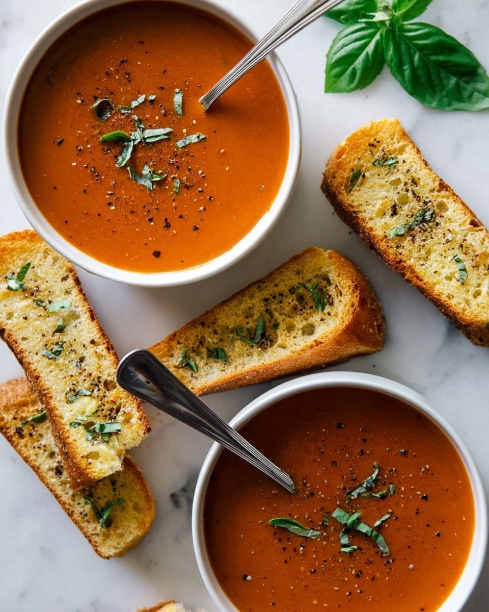 Two white bowls filled with smooth, orange tomato soup are placed on a white marbled surface. Each bowl has a silver spoon resting inside, partially submerged in the soup. The soup is topped with small pieces of dark green herbs and a few specks of black pepper. Around the bowls, there are pieces of toasted garlic bread with a golden crust, sprinkled with chopped herbs. One piece of toast is placed partly inside the top bowl, leaning against the edge. A single fresh green basil leaf lies near the top bowl on the surface. The overall setting looks cozy and inviting. photo taken with an iphone --ar 4:5 --v 7