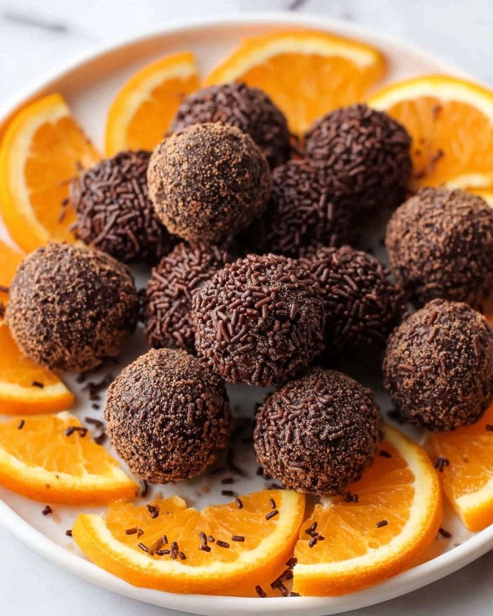 A white plate filled with round chocolate truffles covered in dark brown chocolate sprinkles, arranged tightly in the center, with some sprinkles scattered lightly on the plate; around the edge of the plate are several thick orange slices with bright orange flesh and pale orange rinds, set on a white marbled surface. photo taken with an iphone --ar 4:5 --v 7