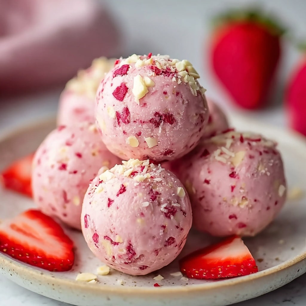 Six strawberry dessert balls are arranged in a small pyramid on a ceramic plate, each sphere featuring a pink creamy exterior speckled with visible chunks of red strawberry and bits of white chocolate or nut shavings on top. The outer layer has a slightly glossy appearance, suggesting a smooth yet textured coating, while the balls are garnished with scattered strawberry slices around the plate. The colors are pastel pink with splashes of vibrant red and creamy white, and the background is softly blurred with the hint of whole strawberries out of focus, creating a fresh, inviting look. photo taken with an iphone --v 7.0