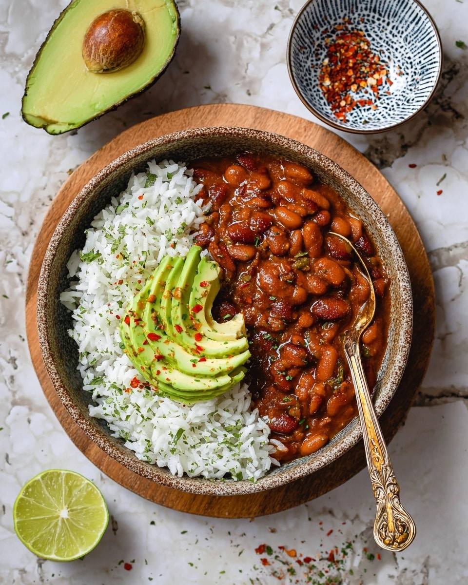 A rustic bowl shows two main layers: on the left, a fluffy white rice mixed with green herbs and sprinkled lightly with red chili flakes, and on the right, a thick, rich reddish-brown stew full of beans and small vegetable pieces with a glossy texture. On top of the rice, a sliced avocado fanned out, bright green with a sprinkle of red chili flakes. The bowl sits on a small wooden board placed on a white marbled surface. Nearby, a halved avocado and two lime halves add fresh green and yellow tones, with a small white bowl patterned in blue and some red seasoning inside, and a golden ornate spoon resting in the stew, partly in the bowl. Photo taken with an iphone --ar 4:5 --v 7