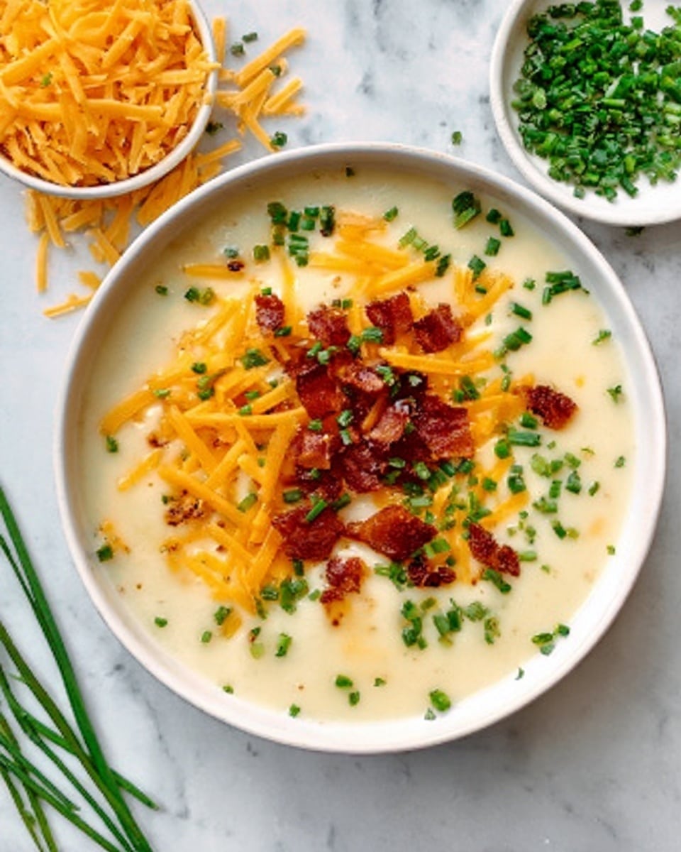 The image shows a white bowl filled with creamy soup that has a smooth white base. On top, there is a layer of bright yellow shredded cheese, green chives scattered for garnish, and small crispy brown bits spread evenly. A silver spoon is gently dipping into the soup, held by a woman's hand, adding a sense of warmth and interaction. The bowl sits on a white marbled surface, with a black cloth nearby adding contrast. The overall look is fresh and inviting. photo taken with an iphone --ar 4:5 --v 7