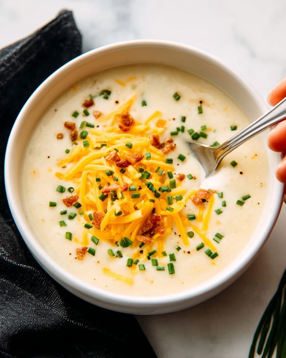 A white bowl filled with creamy, light beige soup topped with shredded bright orange cheddar cheese, small crispy brown bacon bits, and finely chopped green chives scattered on top. The bowl sits on a white marbled surface with some green chives placed nearby. Photo taken with an iphone --ar 4:5 --v 7