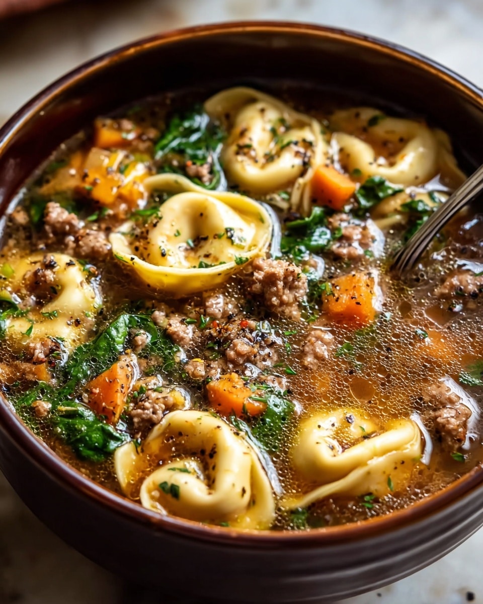 A close-up view of a brown bowl filled with a rich broth soup showing several layers: the top layer with folded tortellini pasta pieces colored creamy yellow with some browned spots, small orange carrot cubes, cooked green spinach leaves, and browned ground meat chunks. The soup broth is clear brown with a slight oily surface and sprinkled with chopped green herbs and coarse black pepper. A spoon is slightly dipped into the soup from the right side. The bowl is placed on a white marbled texture surface. photo taken with an iphone --ar 4:5 --v 7