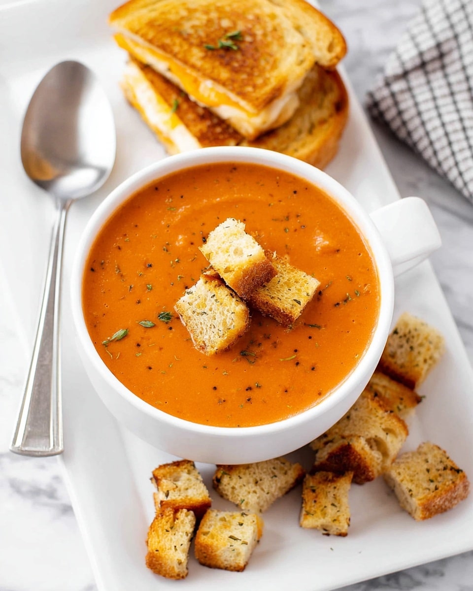 A white bowl filled with smooth, thick orange tomato soup with small green and black herb bits visible throughout. On top, three golden-brown toasted croutons are placed in the center. The bowl sits on a white rectangular plate scattered with more croutons around the right side. Behind the bowl, there are two grilled cheese sandwich halves with golden toasted bread and melted cheese visible inside, resting on the plate. A silver spoon lies on the left side of the plate. The whole scene is set on a white marbled surface with a corner of a checkered cloth in the top right corner. photo taken with an iphone --ar 4:5 --v 7