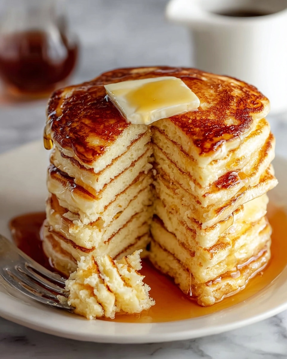 A tall stack of seven golden-brown pancakes is placed in the center of a white plate, with a square of melting butter sitting on top, slowly covered with glossy maple syrup that drips down the sides. The pancakes show a soft, fluffy, light beige inside with a slightly browned crust on the edges. A fork holds a bite-sized piece taken from the stack at the front, showing the layered texture clearly. The plate rests on a white marbled surface, with a blurred white pitcher holding more syrup visible in the background. photo taken with an iphone --ar 4:5 --v 7