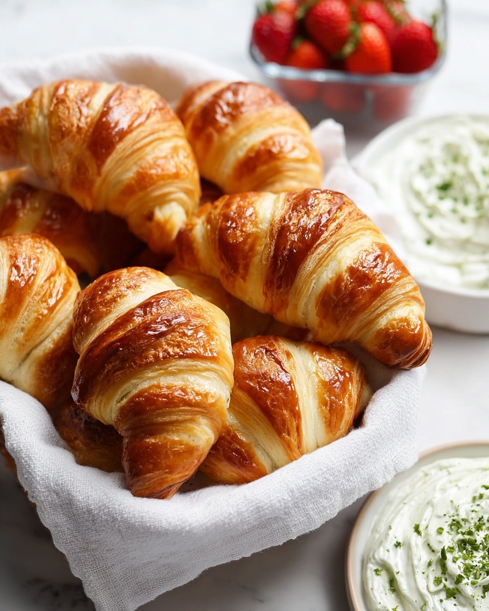 A basket lined with a white cloth holds eight golden-brown croissants, each showing shiny, smooth, curved layers from the baking glaze. The croissants have a soft, fluffy texture with slightly darker brown tips and edges that curve inward. To the right, there is a white plate with a spread of creamy white dip sprinkled with fresh green herbs, and behind it, a clear container holds bright red strawberries. The scene is set on a white marbled texture. photo taken with an iphone --ar 4:5 --v 7