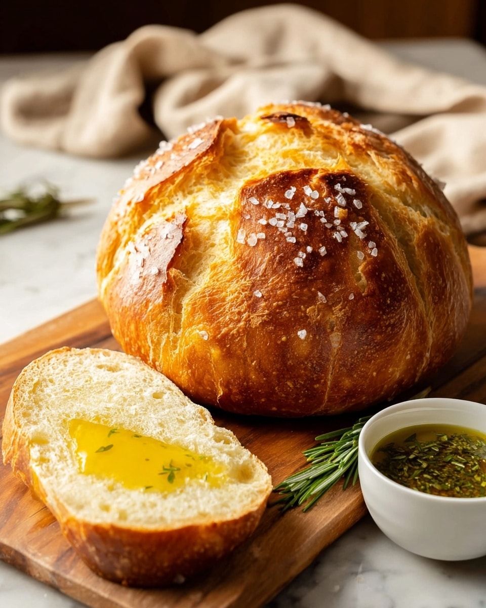 A round loaf of bread with a deep golden brown crust topped with large flakes of coarse salt, scored with four deep cuts forming an X pattern on top, sitting on a wooden cutting board. Next to the loaf, a thick slice of the bread shows a soft, light yellow inside filled with a pool of golden olive oil, garnished with a sprig of fresh rosemary. In the background, a small white bowl contains an herb-infused greenish oil, all placed on a white marbled surface with soft beige fabric blurred behind. photo taken with an iphone --ar 4:5 --v 7