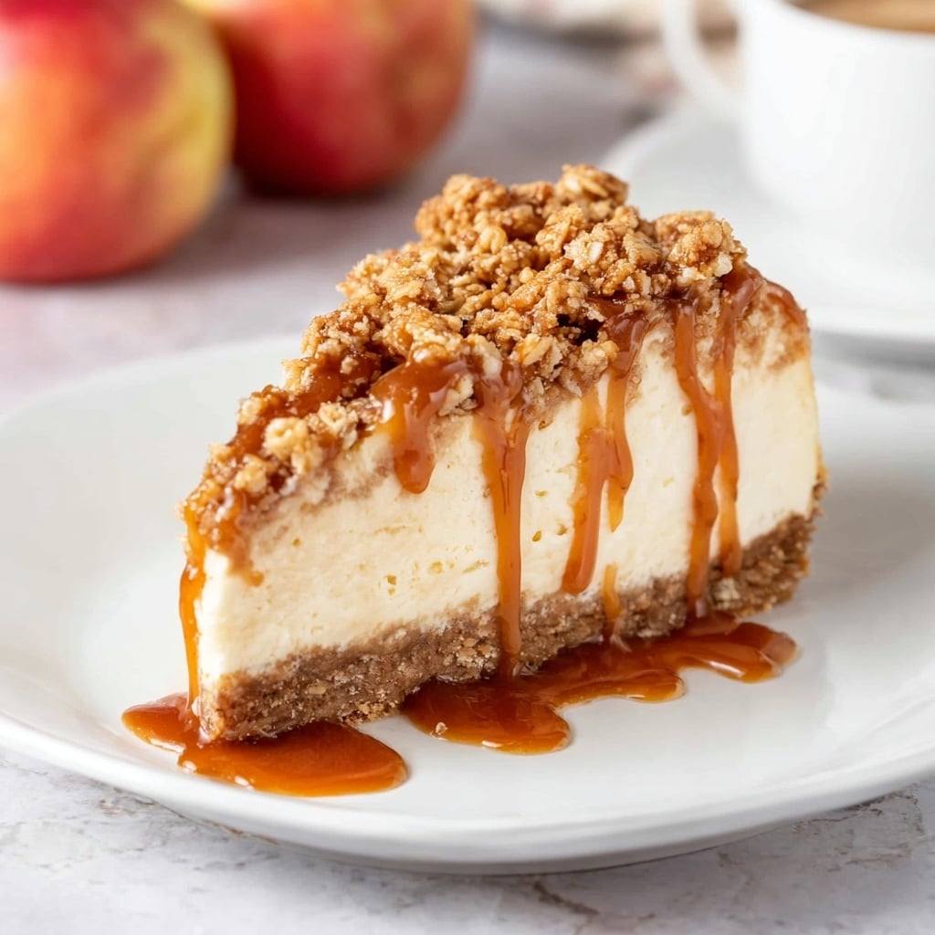 A slice of cheesecake is placed on a white plate with a scalloped edge, set on a white marbled surface. The cheesecake has three layers: a light brown crumbly crust at the bottom, a thick creamy off-white middle layer, and a crumbly oat topping in golden brown, sprinkled with drizzles of shiny caramel sauce that run down the sides. A silver fork rests on the right side of the plate. In the background, two red apples and a white cup filled with a brown drink are visible, all set against the white marbled surface. photo taken with an iphone --ar 4:5 --v 7