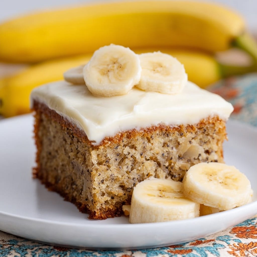 A single square piece of banana cake is placed on a white plate, with a white marbled texture surface beneath. The cake has two layers: the bottom layer is a textured yellowish-brown banana bread with visible banana bits, and the top layer is a smooth, creamy, off-white frosting spread evenly. Three banana slices are placed on top of the frosting, and three more banana slices rest next to the cake on the plate. In the background, there are whole bananas and a blurry colorful cloth. photo taken with an iphone --ar 4:5 --v 7