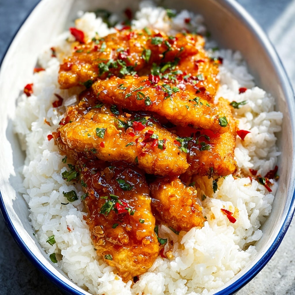 A bowl filled with two layers: the bottom layer is fluffy white rice with a soft texture, and the top layer shows several pieces of golden-brown chicken coated in a shiny, sticky sauce dotted with red chili flakes and small green herbs, giving a fresh and spicy look. The chicken has a slightly crispy texture under the sauce, and the bowl is white, placed on a white marbled surface. Photo taken with an iphone --ar 4:5 --v 7