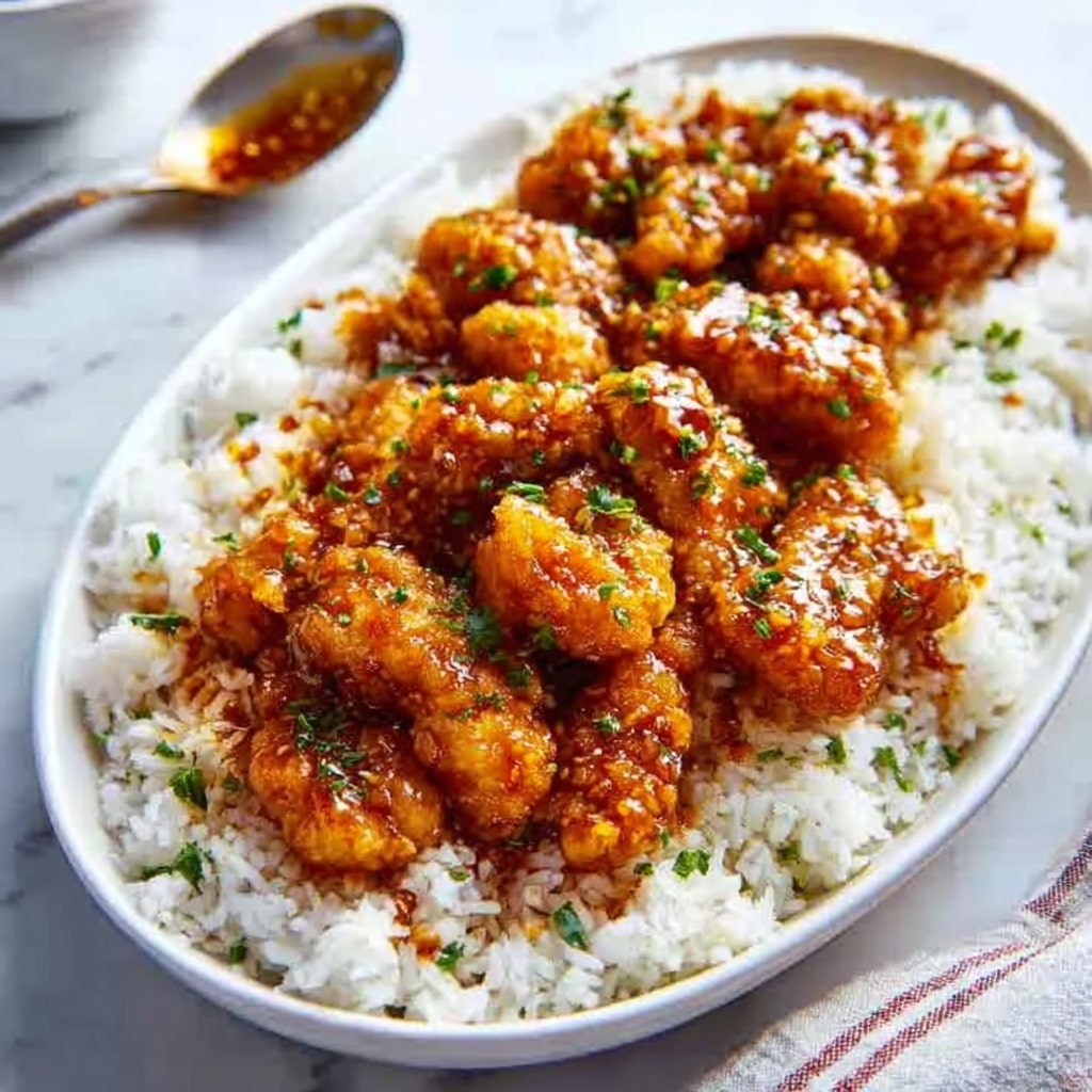 A white bowl sits on a white marbled surface, filled with a bed of fluffy white rice. On top are several golden-brown pieces of crispy fried chicken, coated in a shiny, sticky orange sauce with visible small red chili flakes. The chicken pieces are garnished with finely chopped fresh green herbs, adding a bit of color contrast. Nearby, a silver spoon with bits of sauce rests on the surface. The overall composition shows a warm, appetizing meal with textured layers of soft rice and saucy chicken. Photo taken with an iphone --ar 4:5 --v 7