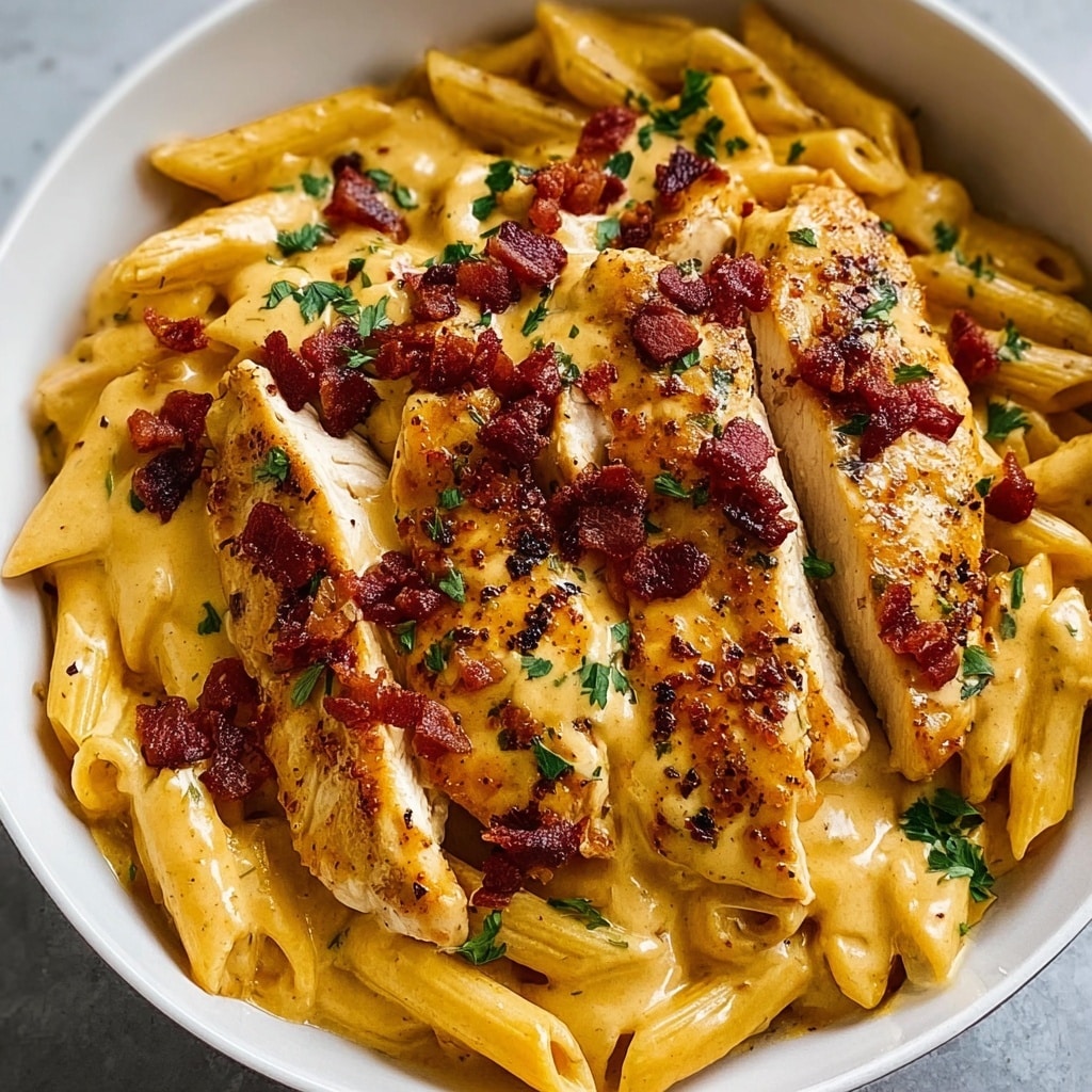 A white bowl filled with creamy beige penne pasta covered in a smooth sauce, topped with four pieces of golden-brown grilled chicken breasts scattered evenly on top. The chicken pieces have some black pepper flakes visible. Bright red bacon bits are sprinkled over the chicken and pasta, along with small green parsley leaves, adding color contrast. The bowl sits on a white marbled texture surface, and a gold fork is placed next to it. The lighting highlights the creamy texture of the sauce and the slight char on the chicken. Photo taken with an iphone --ar 4:5 --v 7