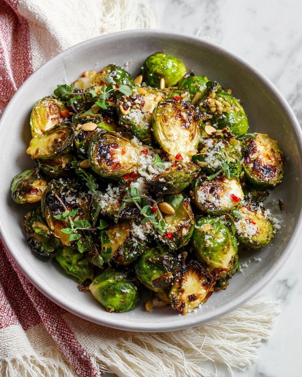 A white bowl is filled with roasted Brussels sprouts, cut in half showing golden brown, crispy edges with some charred spots, giving a rich texture contrast. The bright green outer leaves surround the caramelized interiors. The sprouts are sprinkled with white grated cheese, small pumpkin seeds, and red chili flakes scattered evenly on top. Small green herb leaves are mixed throughout, adding a fresh and slightly rough texture. The bowl is placed on a white marbled surface with a fringed cream and gray striped napkin next to it. Photo taken with an iphone --ar 4:5 --v 7