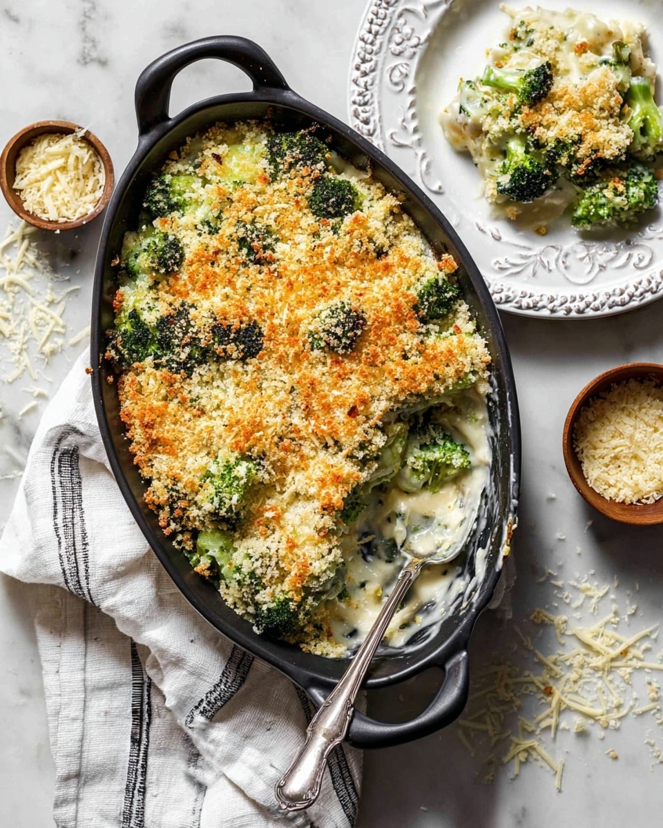A black oval baking dish holds a broccoli gratin with three visible layers: the bottom layer is creamy white sauce mixed with bright green broccoli pieces, topped with a thick layer of light golden breadcrumbs that have toasted patches of dark golden brown, creating a crunchy texture on top. Next to the baking dish on the right, a scoop of the gratin sits on a white ornate plate with a shiny silver spoon, showing the creamy sauce and green broccoli with the breadcrumb topping. The scene is set on a white marbled surface with scattered grated cheese and small bowls of more breadcrumbs, white cloth with black stripes folded partially under the dish. photo taken with an iphone --ar 4:5 --v 7