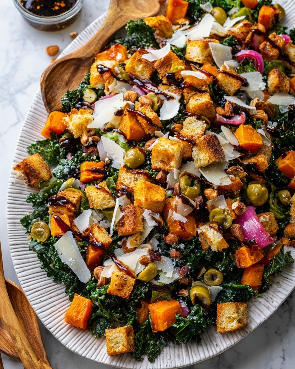 The dish is a colorful mixed salad served on a large white plate with ridged edges. The bottom layer consists of dark green kale leaves, topped with roasted orange butternut squash cubes and pieces of red onion. Scattered throughout are golden brown toasted bread cubes, adding a crunchy texture. There are also light green sliced olives and chopped hazelnuts sprinkled evenly over the salad. Shaved white cheese flakes are placed on top, some drizzled with a glossy dark dressing. Two wooden salad servers are partially visible on the side, resting on the plate, all set on a white marbled surface. Photo taken with an iphone --ar 4:5 --v 7