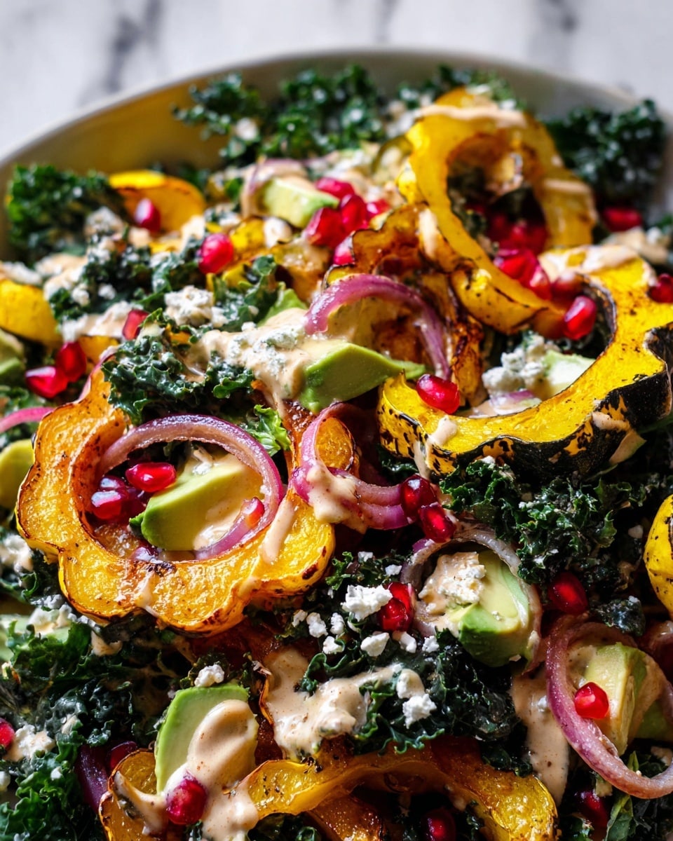 This close-up image shows a colorful salad made of several layers. The base layer is dark green leafy kale with a rough texture. On top, there are bright yellow, grilled slices of delicata squash arranged all over. Scattered across the salad are vibrant red pomegranate seeds adding small glossy touches. Thin rings of pale purple shallots are spread throughout, creating light, delicate loops. Creamy white crumbles of cheese are sprinkled generously across the salad. Light green avocado slices are tucked in here and there, showing smooth and soft texture. The entire dish is drizzled with a creamy, light beige dressing. The salad is on a white plate, placed on a white marbled surface. photo taken with an iphone --ar 4:5 --v 7