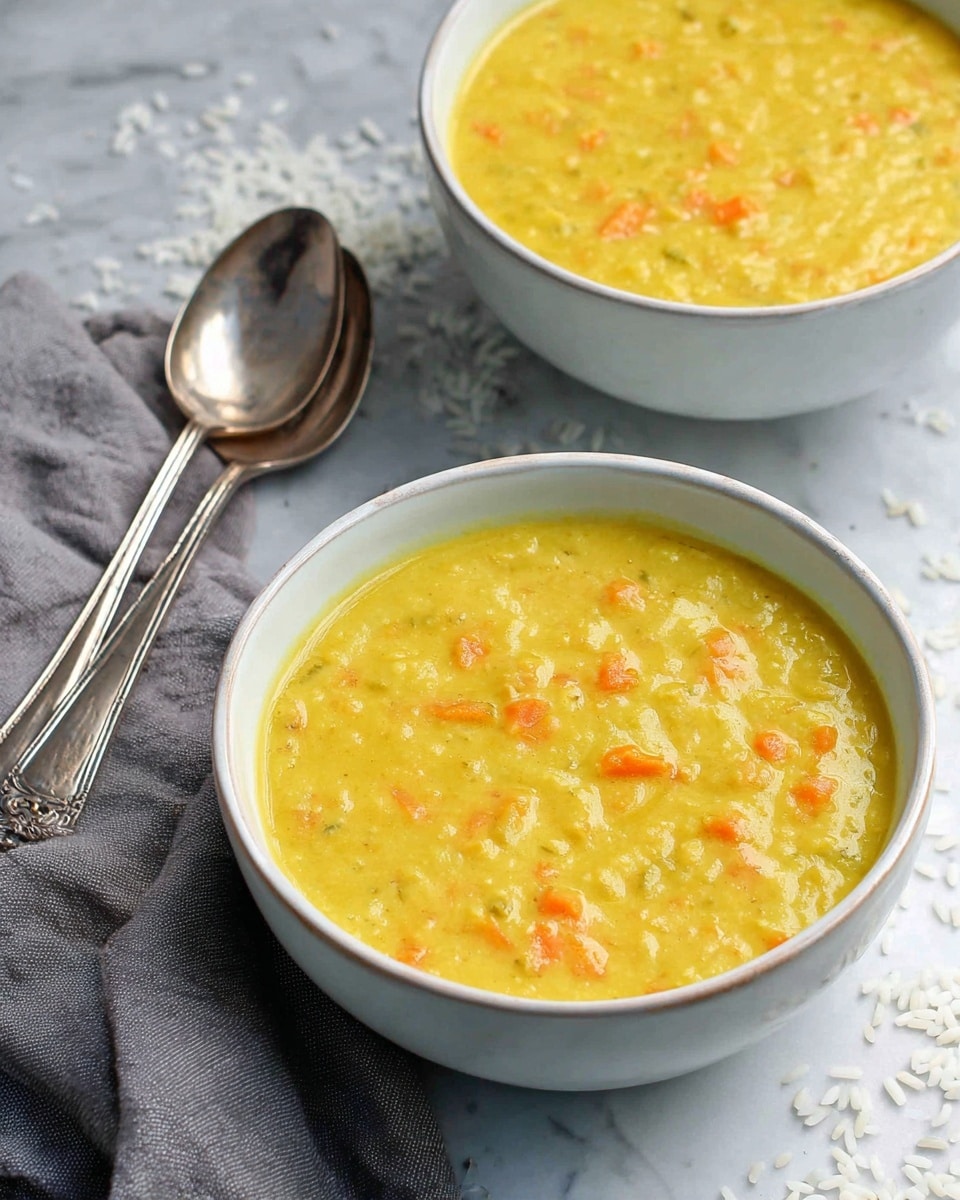 Two white bowls filled with thick, creamy yellow soup that has visible small chunks of orange carrot and light-colored vegetables mixed throughout. The soup surface is smooth but textured with little pieces evenly spread in it. The bowls sit on a white marbled surface with scattered grains of white rice nearby. To the left, a grey cloth holds two shiny, silver spoons with ornate handles, positioned side by side. The lighting is bright, creating soft shadows and a fresh look. photo taken with an iphone --ar 4:5 --v 7
