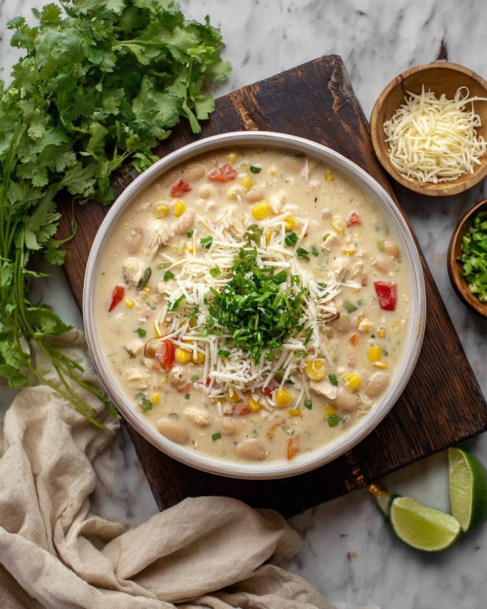 A deep white bowl filled with creamy white chili soup, having visible chunks of white beans, bits of yellow corn, red tomatoes, and shredded chicken mixed inside; on top, a thick layer of chopped bright green scallions covers the center, sprinkled with white shredded cheese and small green herb leaves for garnish. The bowl sits on a dark wooden board, surrounded by fresh cilantro sprigs, chopped scallions, a halved lime, and a small wooden bowl of shredded cheese with a beige cloth nearby, all on a white marbled texture surface. Photo taken with an iphone --ar 4:5 --v 7