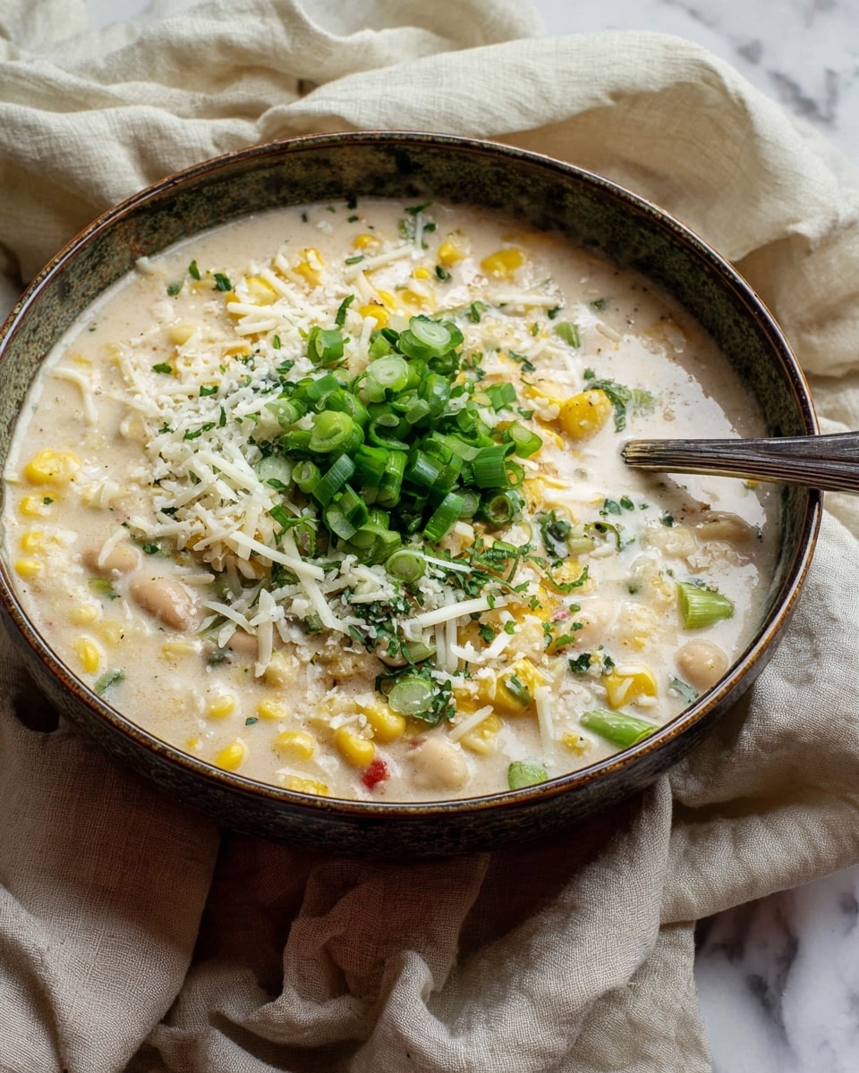 A rustic bowl holds a thick, creamy white soup filled with corn kernels and small white beans visible throughout. On top, there are three main layers starting from the center: finely chopped green onions that form a dense mound; around it, shredded white cheese with a fine, soft texture scattered in small heaps; and finely chopped fresh green herbs mixed lightly with the cheese. The bowl has a dark, worn rim and a spoon resting inside, partially submerged in the soup. The setting includes a soft, light beige fabric casually draped around the bowl, all placed on a white marbled texture surface. Photo taken with an iphone --ar 4:5 --v 7