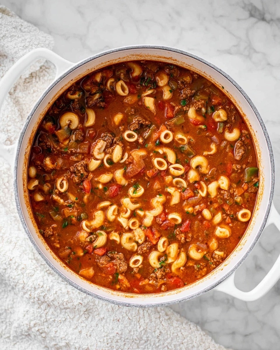 A white pot filled with thick, chunky soup made of small pasta shells, diced tomatoes, and pieces of meat, all in a rich, reddish-brown broth. The soup has visible bits of green and red vegetables mixed throughout, giving it a colorful, hearty look. The pot is set on a white marbled surface with a soft textured white cloth on the side. photo taken with an iphone --ar 4:5 --v 7