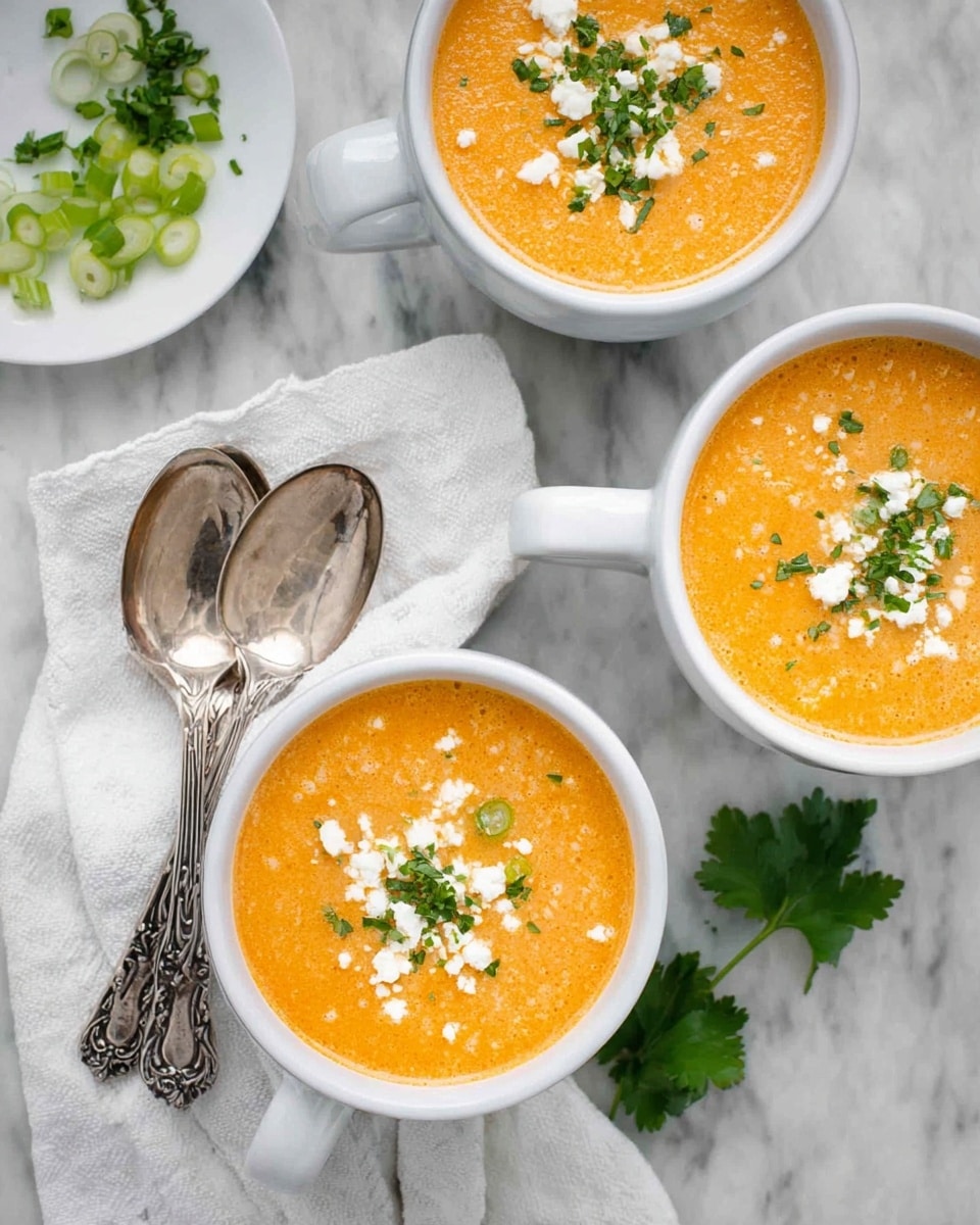 Three white cups filled with creamy orange soup, each topped with crumbled white cheese and chopped green herbs. The soup has a smooth texture with a few visible small bits. The cups are placed on a white marbled surface, with two ornate silver spoons resting beside one cup. To the left, a small white plate holds chopped green onions and herbs on a white cloth. A single green herb leaf lies near the spoons, adding a fresh touch. Photo taken with an iphone --ar 4:5 --v 7