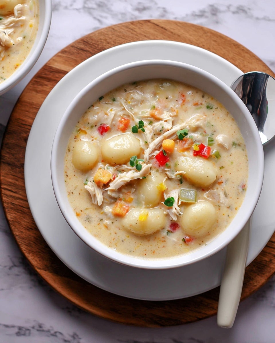 A thick creamy soup served in a white bowl on a white plate, filled with small white gnocchi, shredded chicken pieces, and diced vegetables including red and yellow bell peppers, celery, and herbs, all mixed in a pale beige broth with a slightly chunky texture, garnished with small green herb leaves on top, placed on a round wooden board with a white marbled textured surface around it, a white-handled spoon rests on the right side of the bowl. photo taken with an iphone --ar 4:5 --v 7