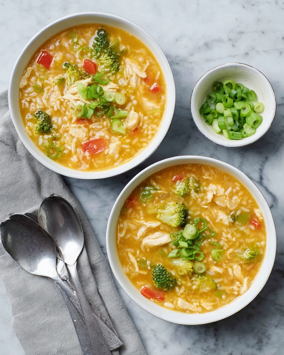 Two white bowls filled with a thick soup that has a golden-yellow broth. The soup contains white rice grains, small green broccoli florets, red bell pepper pieces, and chunks of light-colored chicken. Each bowl is topped with a small pile of chopped green onions. A small white bowl with extra chopped green onions sits nearby on the right. Two silver spoons rest on a light gray cloth napkin on the left. All items are on a white marbled textured surface. photo taken with an iphone --ar 4:5 --v 7