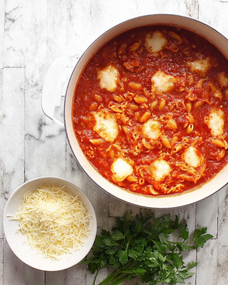A white pot filled with a thick, red tomato sauce mixed with small pasta pieces, covered by uneven white melted cheese patches with lightly browned spots on top. Next to the pot is a small white bowl filled with grated pale yellow cheese, placed on a white marbled surface with a sprig of fresh green parsley nearby. Photo taken with an iphone --ar 4:5 --v 7