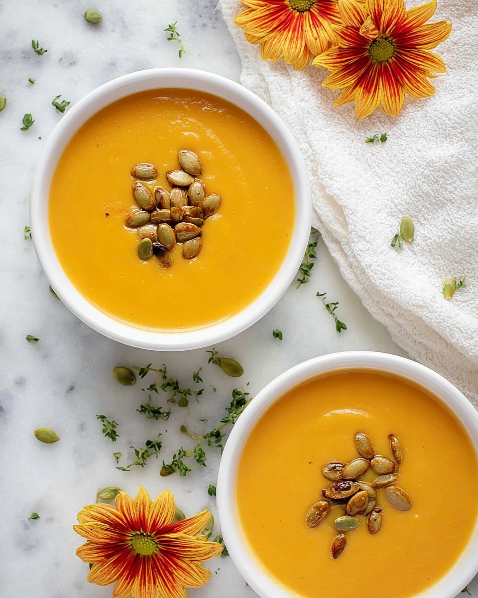 Five white bowls filled with smooth orange autumn squash soup are arranged on a white marbled surface. Each bowl shows a swirl of light cream mixed on top of the soup, with a scattering of toasted pumpkin seeds placed at the center, adding texture and a glossy, golden-brown color contrast. Small green herb bits are lightly sprinkled around the bowls on the surface. To the right side, there is a piece of sliced bread with a soft, airy inside and golden crust. A white fabric with a textured pattern and a red-orange flower are visible near the top edges of the photo. photo taken with an iphone --ar 4:5 --v 7