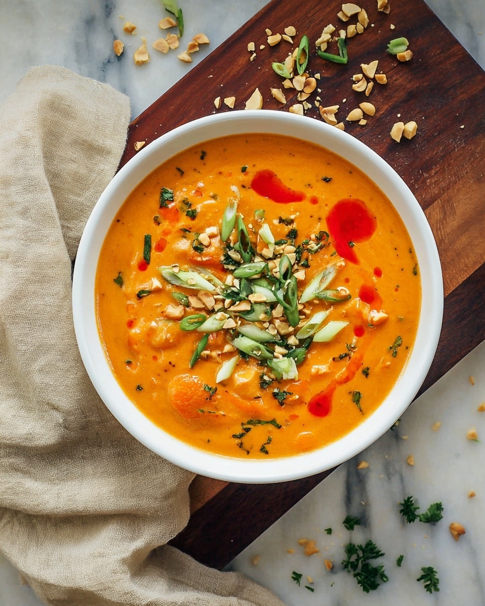 A white bowl filled with thick orange soup containing small chunks of vegetables, likely carrots. On top of the soup, there are green sliced scallions, chopped fresh herbs, and crushed nuts placed in the center, with a drizzle of bright red sauce on one side. The bowl sits on a dark wooden board, which is set against a white marbled surface with scattered crushed nuts and herbs. A light beige cloth napkin is casually placed beside the bowl. photo taken with an iphone --ar 4:5 --v 7