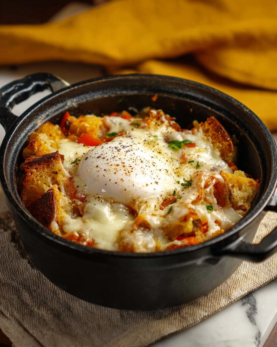 A black cast iron pot holding a layered dish with a base of golden-brown cooked bread or toast pieces, topped unevenly with melted pale yellow cheese mixed with small pieces of orange, red, and green vegetables. On top sits a soft white poached egg with a slightly runny texture sprinkled with fine black pepper. The pot handles are visible on each side, and it rests on a beige cloth with a white marbled surface beneath, and a blurred mustard yellow cloth in the background. photo taken with an iphone --ar 4:5 --v 7