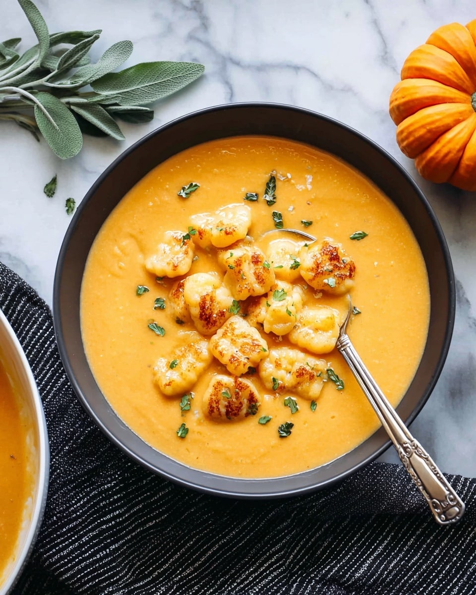 A white bowl filled with a smooth, creamy orange soup serves as the base layer. Floating on top are golden, pan-seared gnocchi pieces, slightly browned with a soft texture and sprinkled with small bits of chopped green herbs. A silver spoon rests inside the bowl, scooping up some of the soup and gnocchi. The bowl sits on a white marbled surface with a small orange pumpkin and a sprig of fresh sage nearby, alongside a black and white striped cloth. The overall look is warm and inviting. photo taken with an iphone --ar 4:5 --v 7