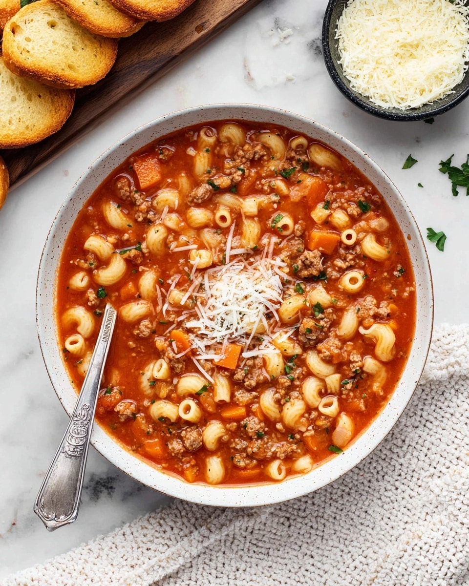 A bowl filled with a thick soup made of small tube pasta, white beans, chopped orange carrots, browned ground meat, and green herbs, all in a rich red tomato-based broth. The soup is topped in the middle with a small pile of grated white cheese. The bowl is white with a subtle speckled pattern on the edge. To the left side of the bowl, a spoon with a detailed handle rests inside. Above the bowl, there is a white marbled surface with some cheese shavings scattered around. To the top left, a wooden board holds several toast slices that are golden brown and crisp. To the right, a white bowl with black rim contains more grated cheese. The entire setting is on a white marbled surface with a textured white cloth partly underneath the bowl. photo taken with an iphone --ar 4:5 --v 7