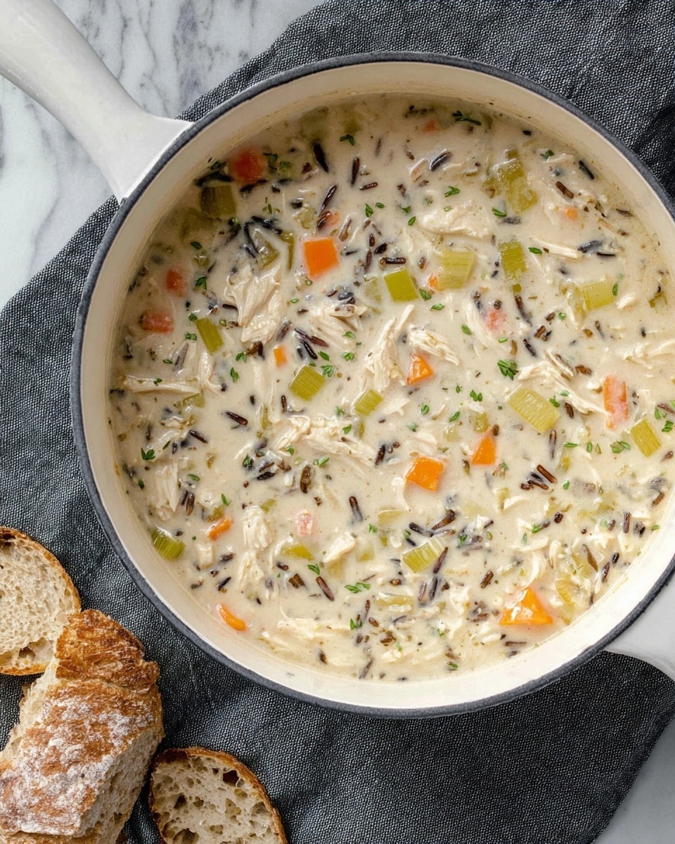 A white pot filled with creamy chicken and wild rice soup is shown from above. The soup has a thick white and light beige base, filled with visible pieces of white shredded chicken, orange carrot cubes, green celery chunks, and small grains of dark wild rice. There are scattered green herbs throughout the soup adding texture. The pot sits on a grey cloth with two slices of rustic bread next to it on a white marbled surface. photo taken with an iphone --ar 4:5 --v 7