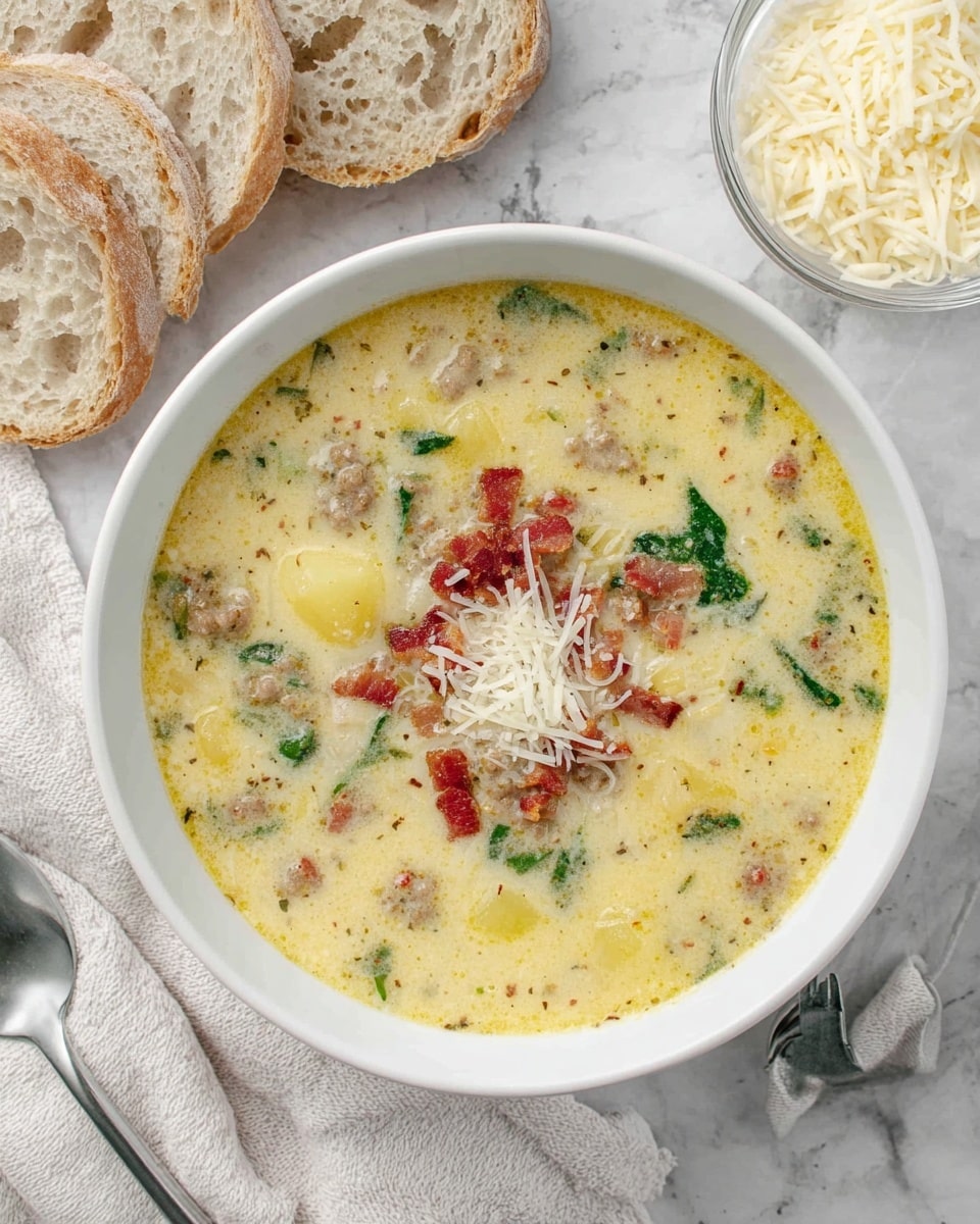 A white bowl filled with creamy yellow soup shows visible chunks of light brown sausage, pale yellow potato pieces, and small green leafy herbs mixed throughout. The soup is topped with a small pile of shredded white cheese and scattered crispy, reddish-brown bacon bits at the center. To the top right of the bowl, there is a small clear bowl filled with more shredded white cheese. To the top left, three slices of light beige rustic bread with airy holes rest on a white marbled surface, topped with a loosely woven white cloth. A silver spoon lies flat on the marbled surface near the bottom left of the bowl. photo taken with an iphone --ar 4:5 --v 7