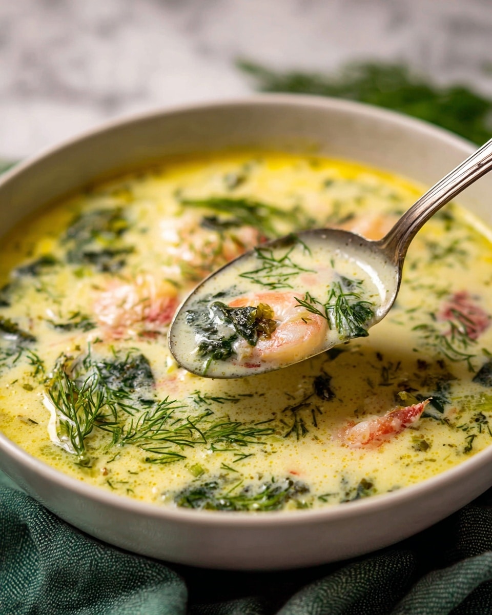 The image shows a close-up of creamy soup in a white shallow bowl on a white marbled texture surface with a green cloth underneath. The soup has a yellowish cream base with visible layers of green herbs and leafy vegetables, as well as small pieces of pink shrimp scattered throughout. On top, there are sprigs of fresh dill adding texture and bright green color. A silver spoon is lifting some of the soup, showing its mixed textures of creamy liquid, herbs, and shrimp. The overall look is warm and inviting with a mix of creamy and fresh elements. photo taken with an iphone --ar 4:5 --v 7