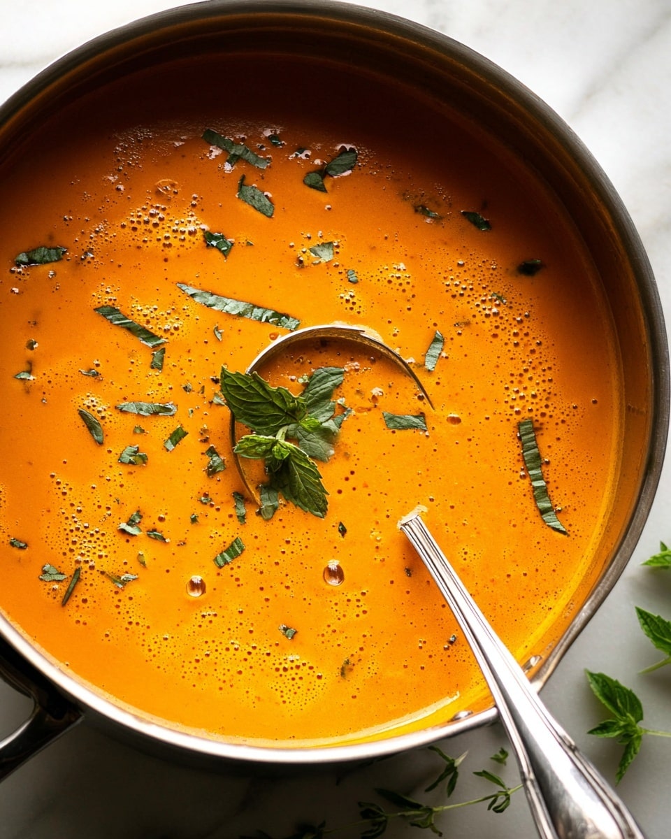A close-up view of a large metal pot filled with bright orange creamy soup, smooth in texture with tiny bubbles on the surface, topped with scattered chopped dark green fresh herbs, likely mint, and a small bunch of whole leaves in the center. A shiny metal ladle, partially dipped into the soup, is positioned at the bottom right inside the pot. The pot sits on a white marbled surface with a few loose green herbs around it. photo taken with an iphone --ar 4:5 --v 7