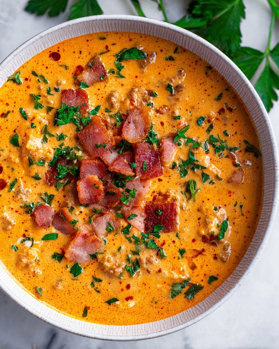 A close-up image of a bowl filled with creamy orange soup speckled with small pieces of cooked ground meat. On top of the soup are scattered pieces of pinkish cooked bacon and bright green chopped parsley leaves, adding color contrast to the dish. The bowl is white with a subtle texture and sits on a white marbled surface with some parsley leaves around it. The soup looks thick and rich with a smooth yet slightly textured surface. Photo taken with an iphone --ar 4:5 --v 7