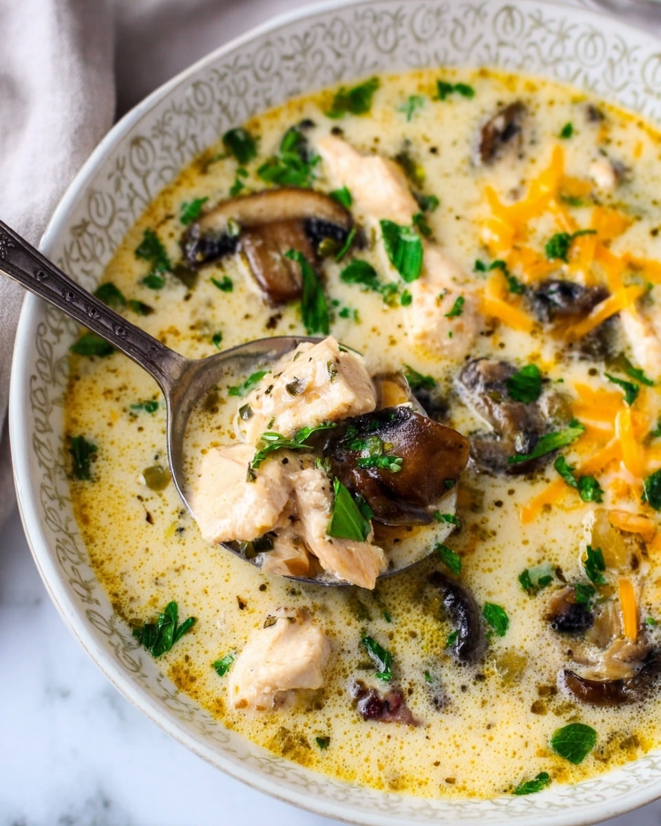 A close-up of creamy mushroom and chicken soup in a white bowl with a delicate pattern. The soup has a thick, smooth yellowish cream base that fills the bowl. Scattered within the soup are several chunks of light brown chicken pieces and many slices of sautéed dark brown mushrooms. Small green parsley leaves and orange bits of shredded cheese float on top, adding splashes of color and texture. In the center, a metal spoon holds a serving of the soup, showing chicken, mushrooms, and some greens clearly. The bowl rests on a white marbled surface. photo taken with an iphone --ar 4:5 --v 7