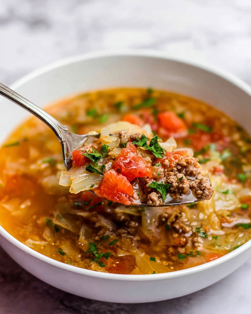 The image shows a bowl of soup with three main visible layers: at the bottom, a clear, light brown broth; in the middle, small pieces of light brown ground meat mixed with diced bright red tomatoes and small chunks of light yellow cabbage; on top, sprinkled chopped fresh green herbs. A silver spoon lifts a scoop containing all these ingredients, showing the textures clearly. The bowl is white and sits on a white marbled surface. photo taken with an iphone --ar 4:5 --v 7