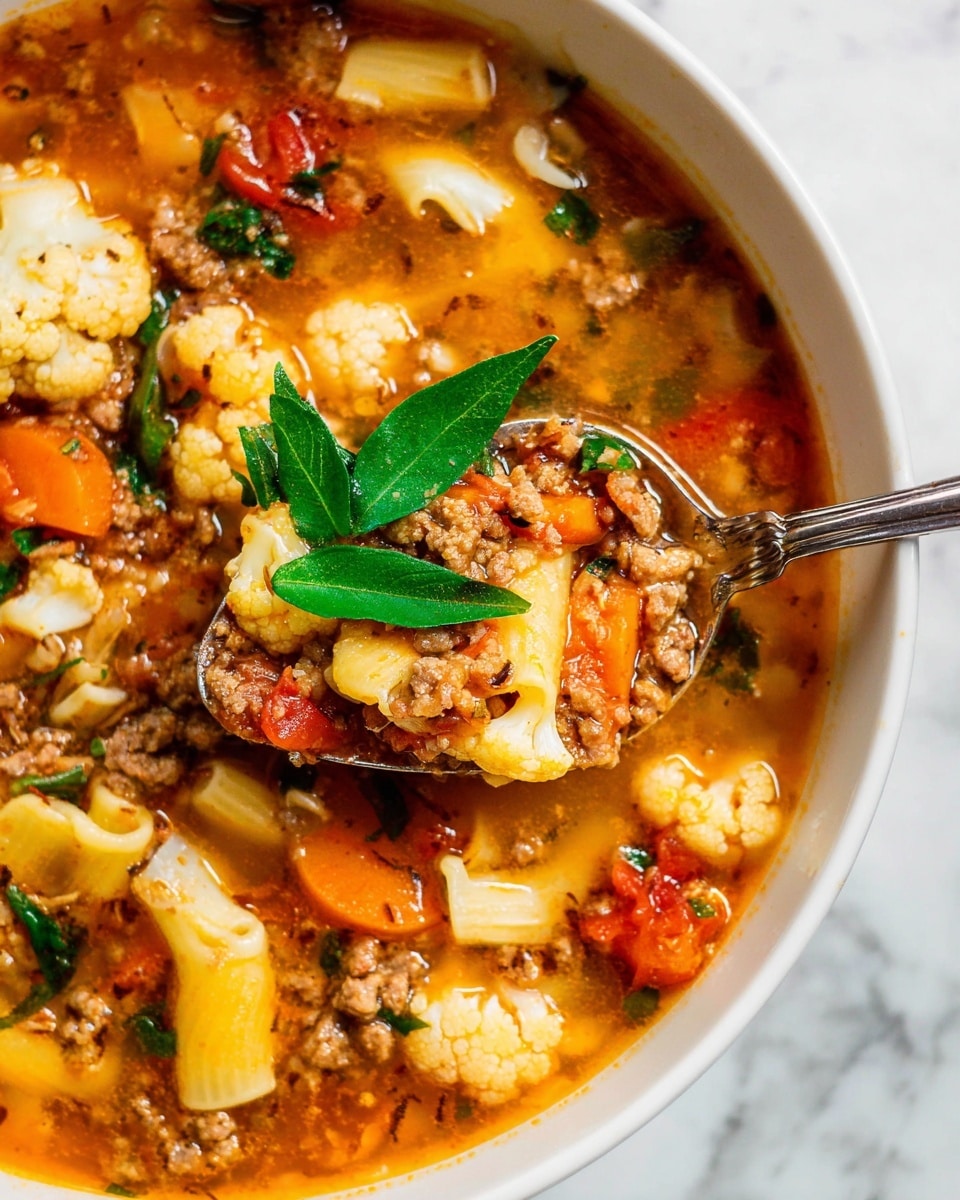 A close-up view of a thick soup in a white bowl, showing several layers and ingredients. The base is a rich orange-brown broth filled with small pieces of ground meat, soft yellow pasta tubes, and small orange carrot slices. There are also creamy white cauliflower florets scattered throughout, along with small red tomato pieces and green herbs on top, adding color contrast. A silver spoon is spooning up a mix of these ingredients from the bowl, with a fresh green herb leaf on top of the soup. The whole scene rests on a white marbled surface. photo taken with an iphone --ar 4:5 --v 7
