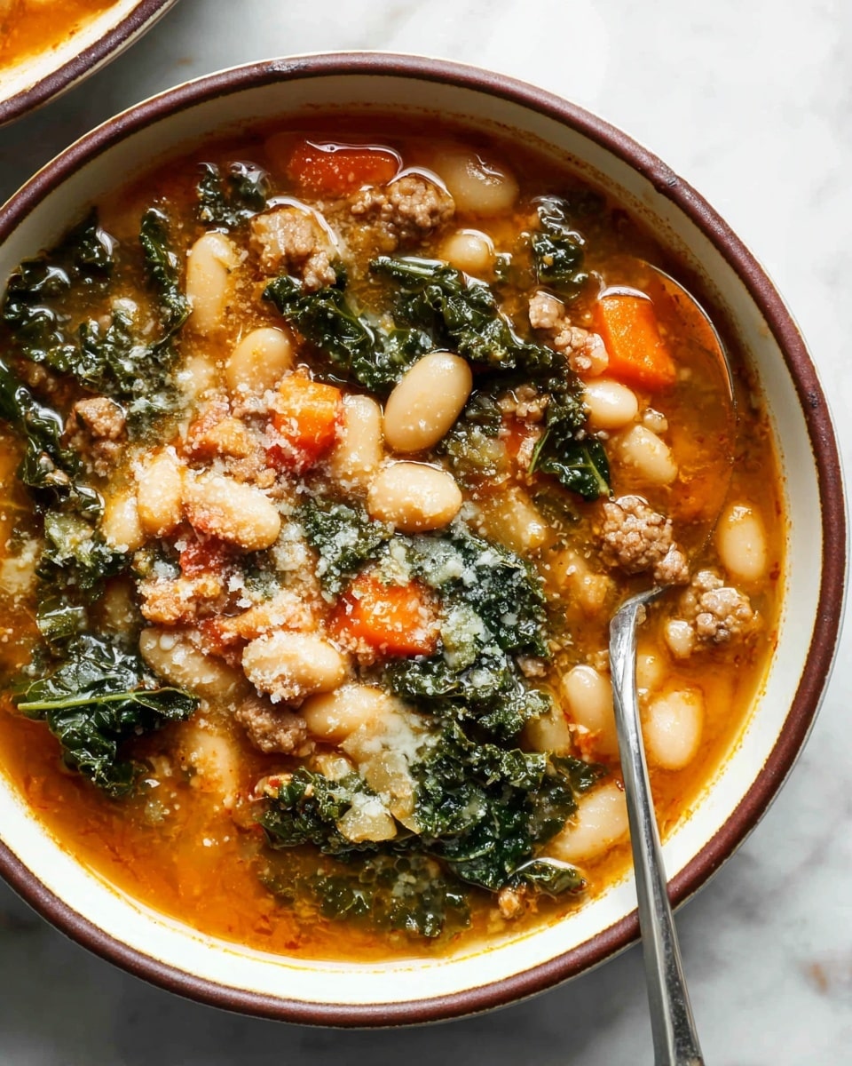 The image shows a close-up of a bowl filled with a thick soup containing many layers of ingredients. The base layer is a rich, orange-brown broth with a glossy, slightly oily surface. Mixed in are chunks of white beans, small orange pieces of carrot, and green leafy kale that adds texture. There are also small bits of browned ground meat scattered throughout. On top, there is a light sprinkle of grated cheese melting slightly into the warm soup. A silver spoon rests inside the bowl, which is white and has a thin brown rim. The bowl sits on a white marbled surface. photo taken with an iphone --ar 4:5 --v 7