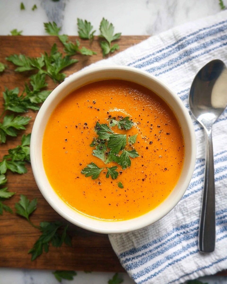 A white bowl filled with smooth, bright orange soup that looks creamy and thick, topped lightly with fresh green parsley leaves and specks of black pepper scattered on the surface. The bowl sits on a wooden surface with some parsley leaves around it, and next to the bowl is a silver spoon resting on a white cloth with blue stripes. The background has a white marbled texture. photo taken with an iphone --ar 4:5 --v 7
