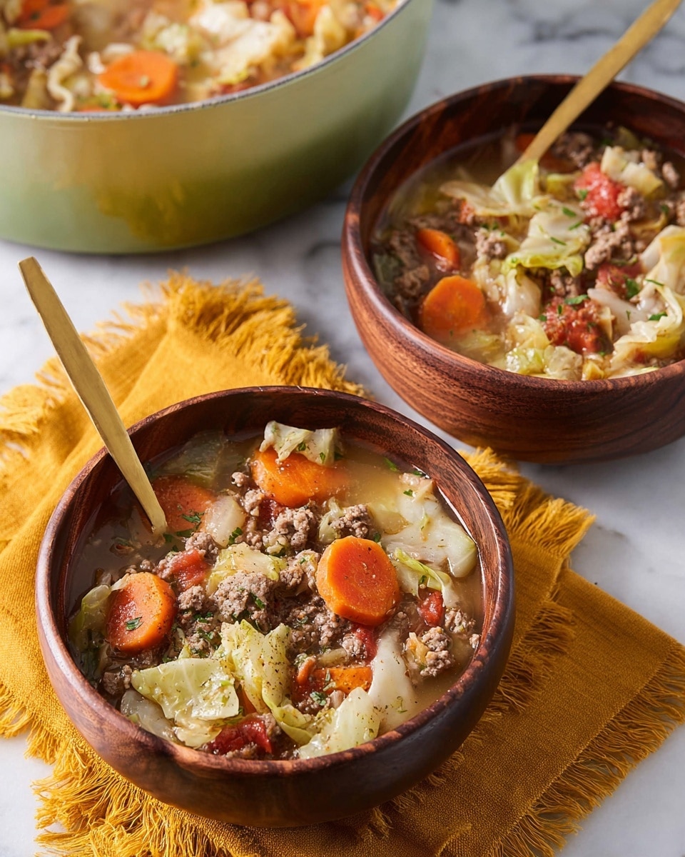 The image shows two dark wooden bowls filled with a warm soup made of several layers: cooked ground meat with a coarse texture, orange carrot slices, large soft cabbage pieces in pale cream and light green, and small chunks of tomato in red. The broth is light brown and looks slightly thick. Each bowl has a gold spoon resting inside, and the bowls are placed on a mustard yellow cloth with fringed edges on top of a white marbled surface. In the background, there is a white pot with a green outer side, also filled with the soup. photo taken with an iphone --ar 4:5 --v 7