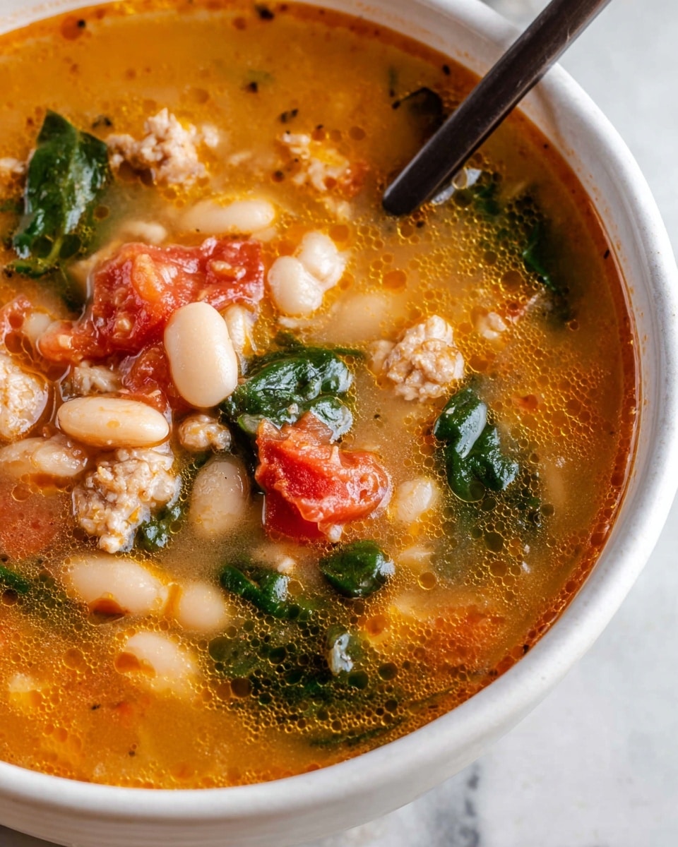 A close-up of a white bowl filled with soup showing three main layers: an orange broth with small oil bubbles on top, scattered chunks of soft white beans and crumbled light beige meat in the middle, and bright red tomato pieces along with dark green leafy spinach floating throughout. A dark spoon rests on the right side inside the bowl, and the bowl sits on a white marbled textured surface. photo taken with an iphone --ar 4:5 --v 7
