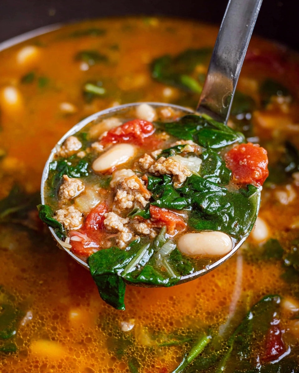 This image shows a close-up of a ladle full of soup, lifted from a pot filled with more soup. The soup has several layers: the base is an orange-brown broth with oil droplets, mixed with visible green spinach leaves folded and wilted, off-white large beans, red tomato chunks, small pieces of cooked ground meat, and bits of translucent diced onion. The ladle is shiny metal with a smooth handle and holds a rich mix of these ingredients against the backdrop of the simmering soup. The photo taken with an iphone --ar 4:5 --v 7